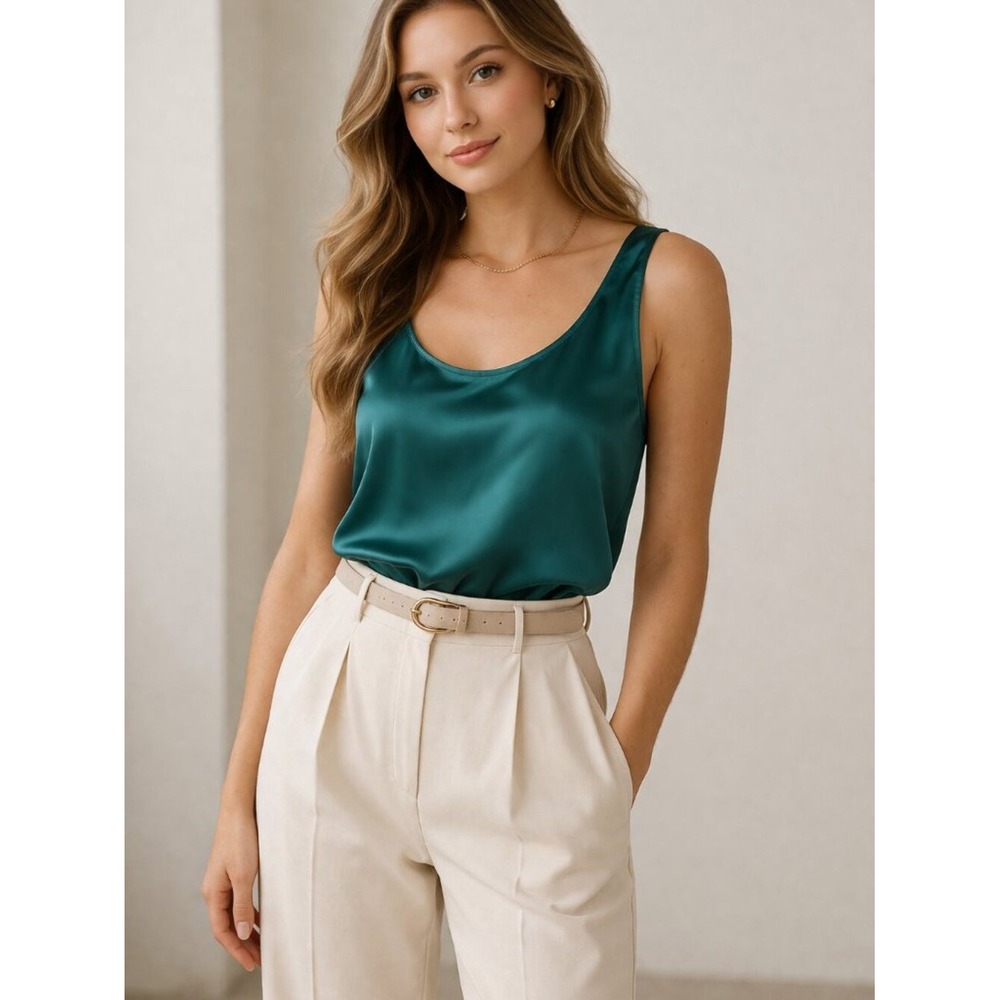 Lafayette 148 New York Teal Green 100% Silk Scoop Neck Tank Top Shell Size 14